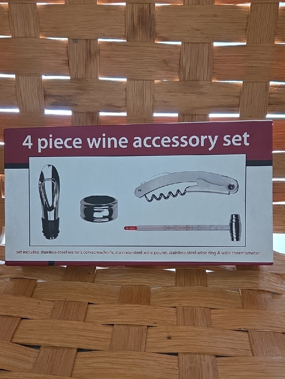 4-PC WINE SET, STAINLESS STEEL CORKSCREW/KNIFE, WINE POURER, RING & THERMOMETER!